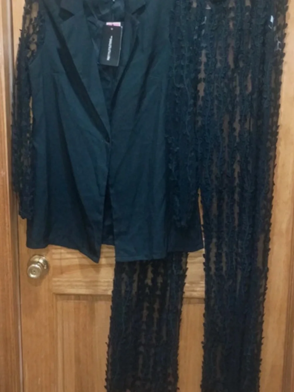 PrettyLittleThing Black Sheer jacket and Embroidered Flare Pants